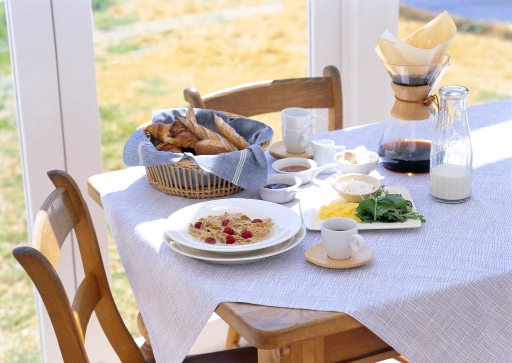 Ontbijttafel in de zon met een broodmand, koffie en vers fruit